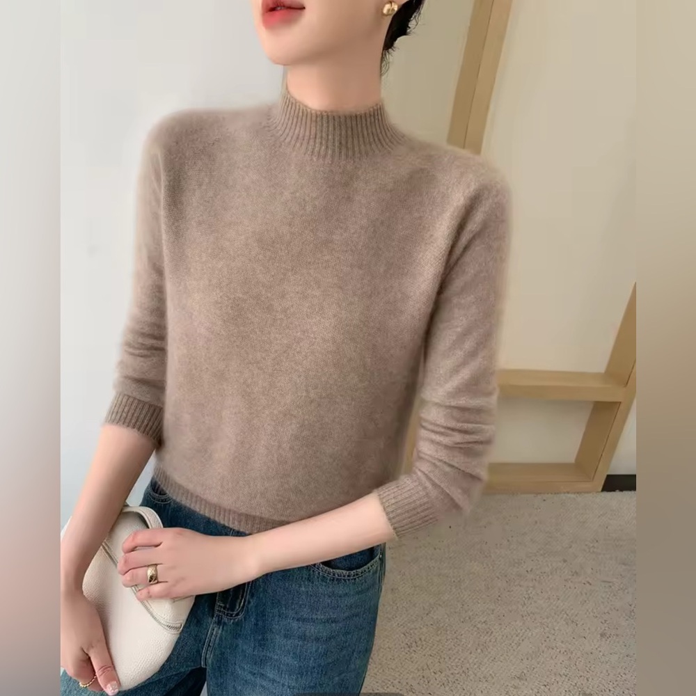 Beige brown merino wool blend mock neck sweater